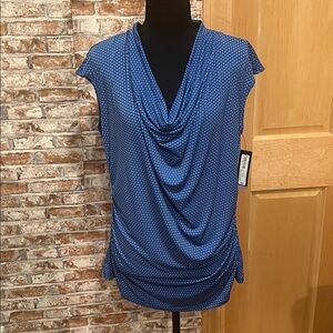 NWT Women’s PL Blouse Draped Neck Ruched Sides Blue/Black Geometric Slimming Top